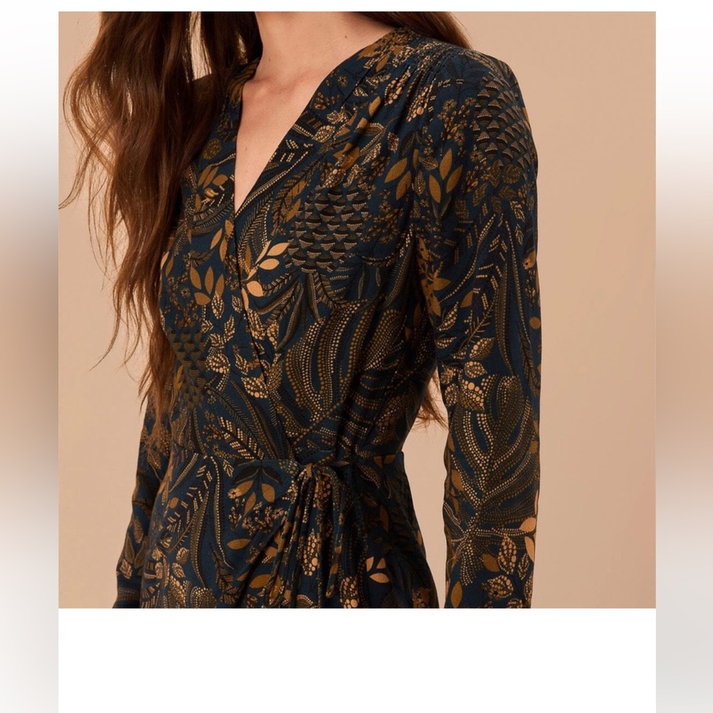FARM Rio Navy and Mustard Leaf-Print Wrap Dress - Picture 2 of 3